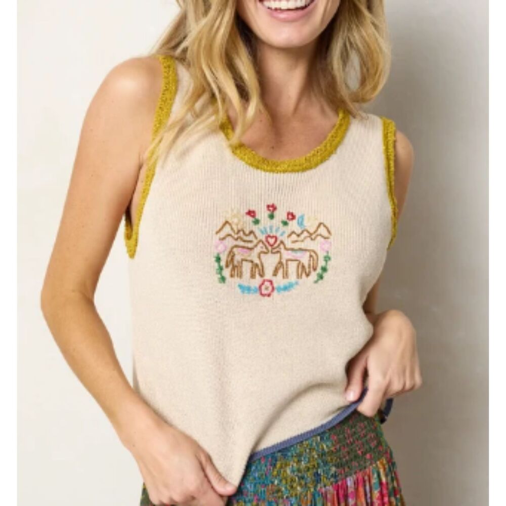 Natural Life Equestrian Horse Embroidered Sweater Vest XL Cotton Linen Western - Picture 3 of 12